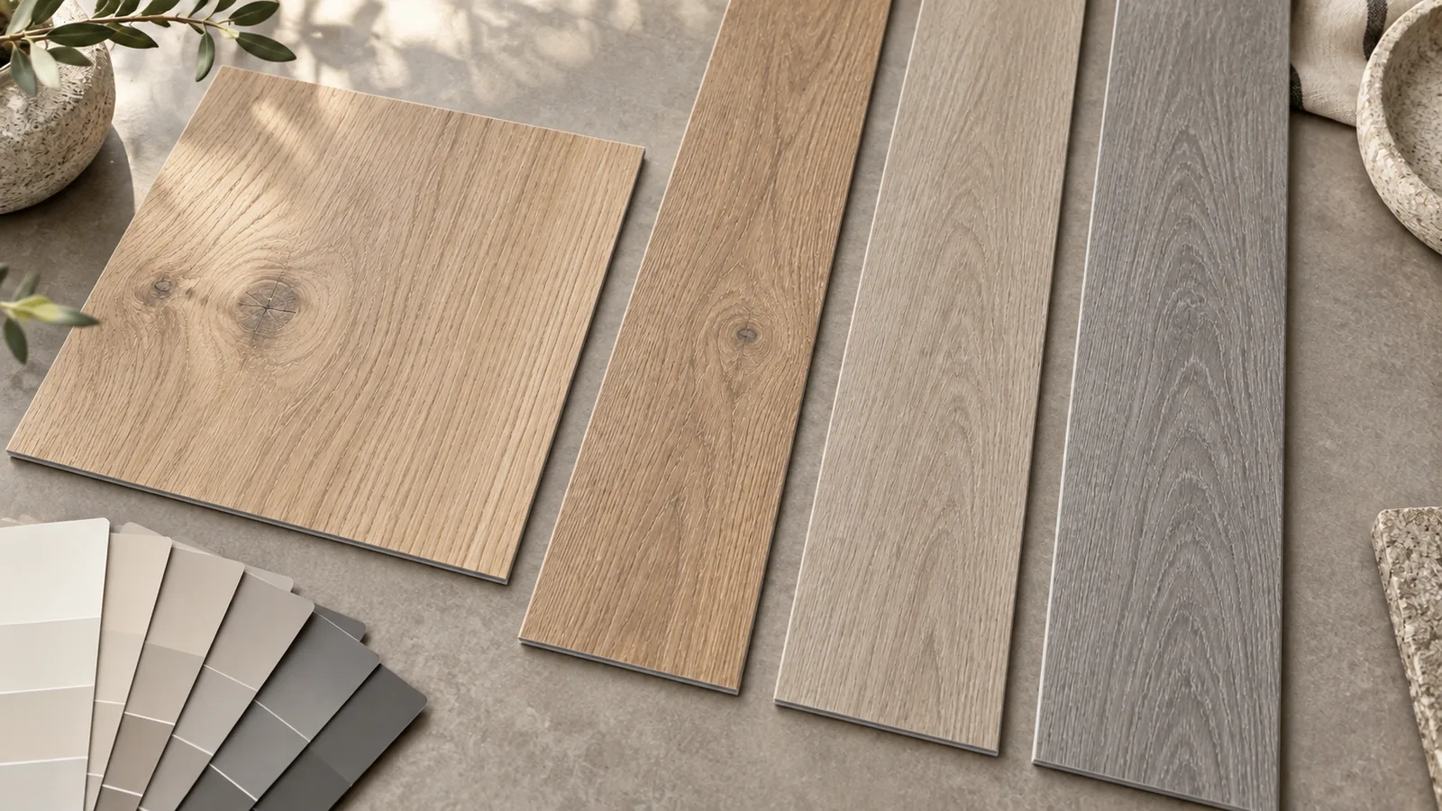 AI-generated editorial illustration of thin wood-look SPC planks, a reference sample and neutral colour swatches