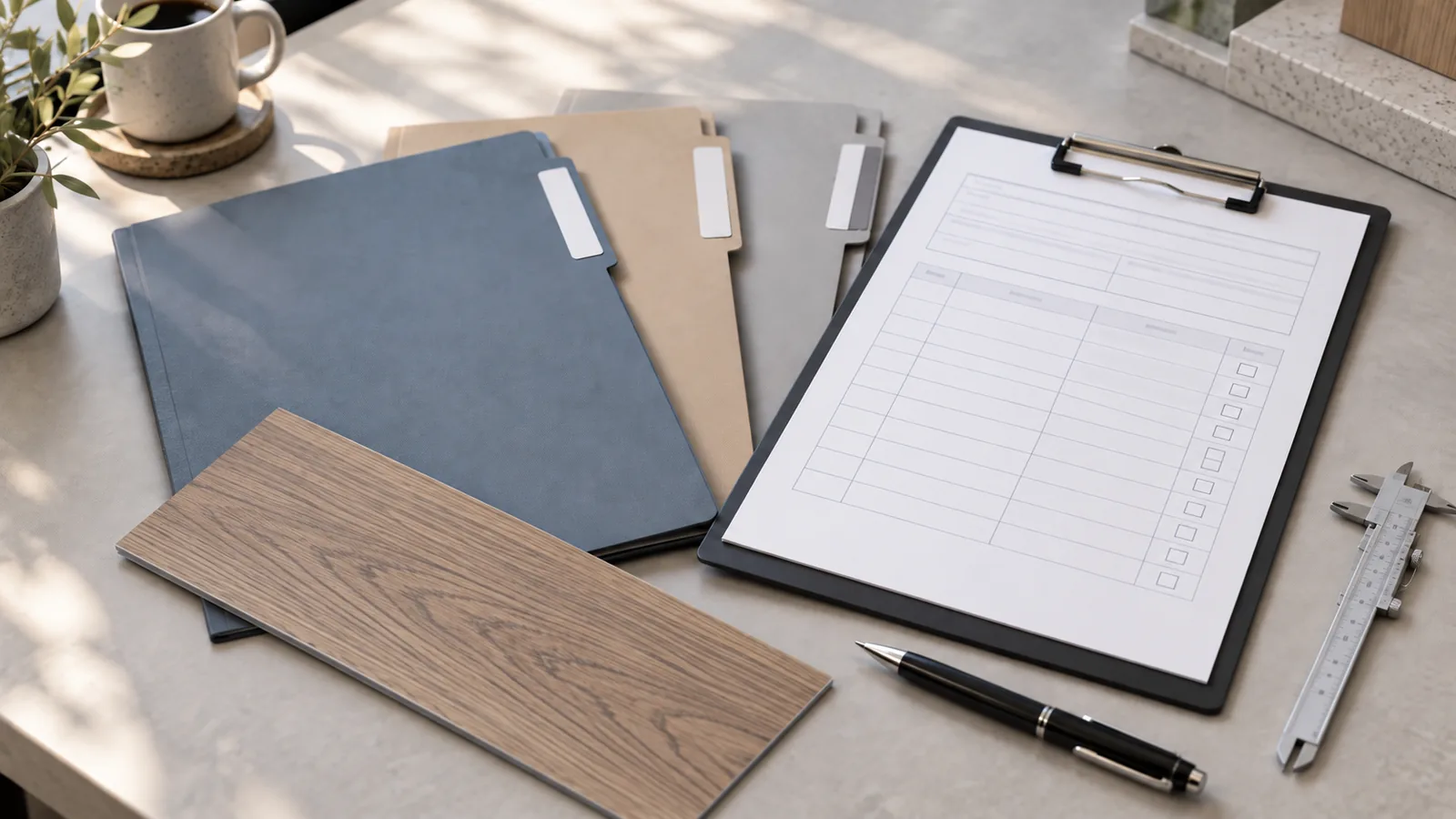 AI-generated editorial illustration of organised folders, an inspection checklist and a thin SPC cut sample