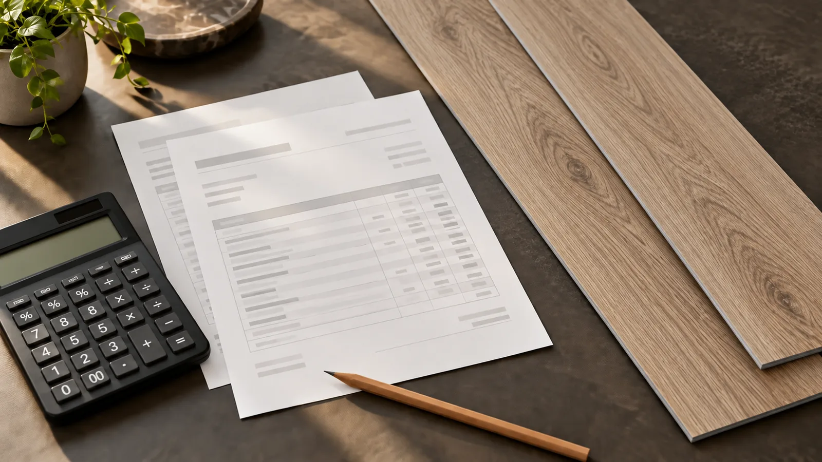 AI-generated editorial illustration of quotation sheets, a calculator and long, thin wood-look SPC planks